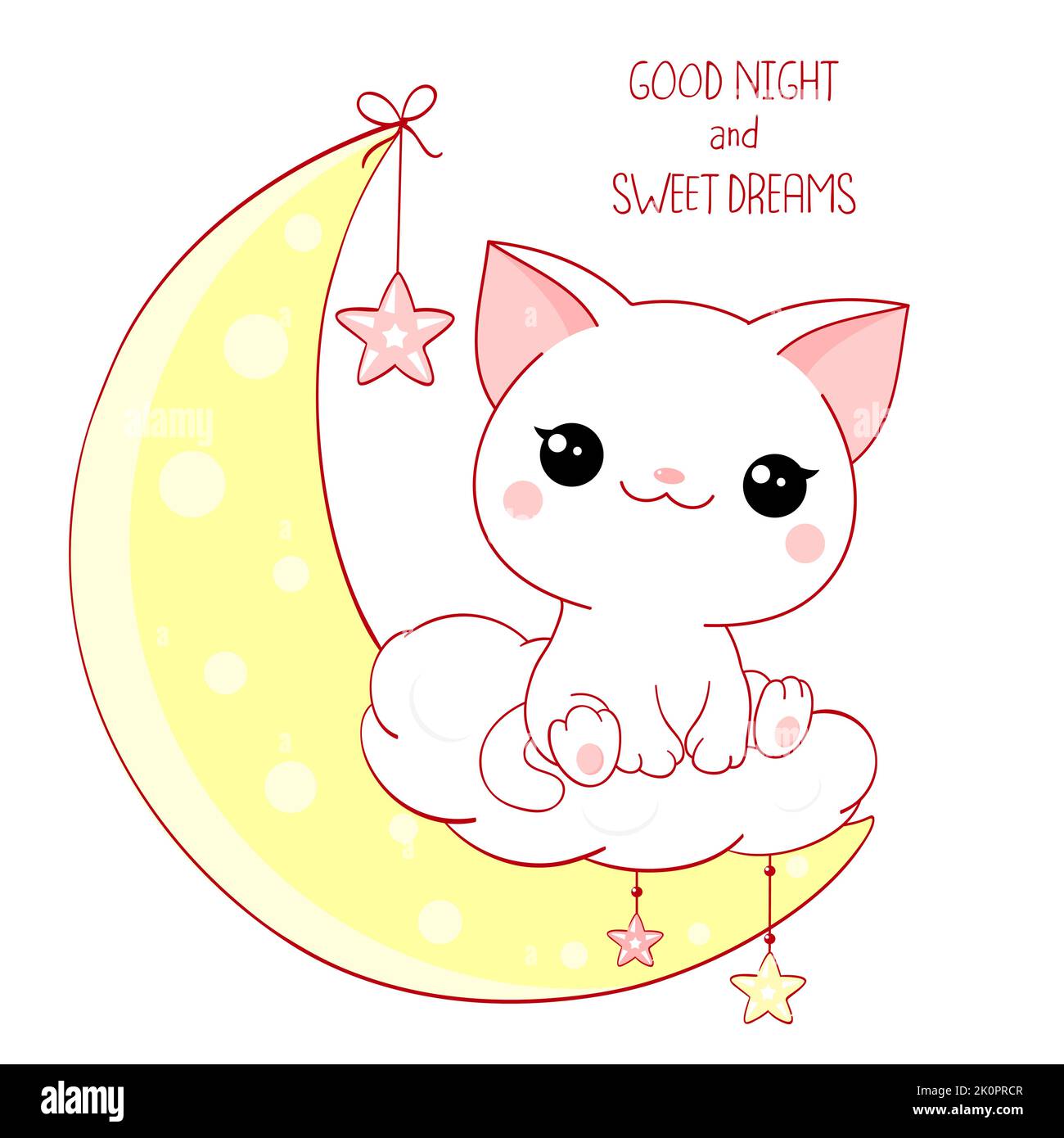 Cute baby cat on moon. Good night and sweet dreams. Little white kitten on crescent. Can be used for for childish t-shirt prints, nursery poster,  bab Stock Vector