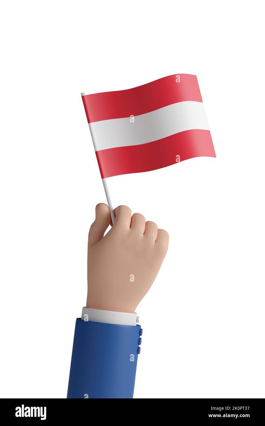 Cartoon hand with the flag of Austria isolated on white background. 3d illustration. Stock Photo
