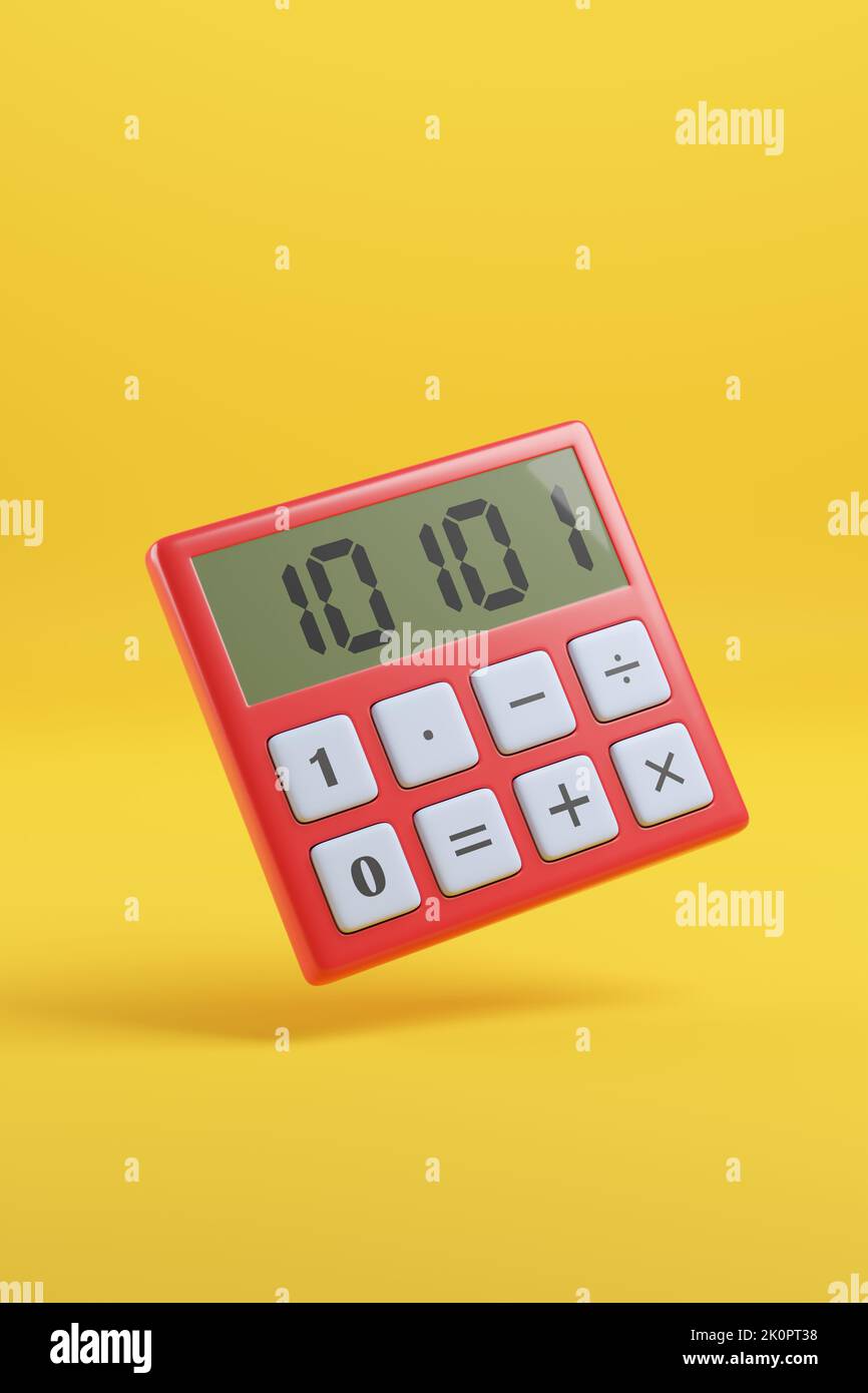 Red calculator with binary code on yellow background. 3d illustration. Stock Photo