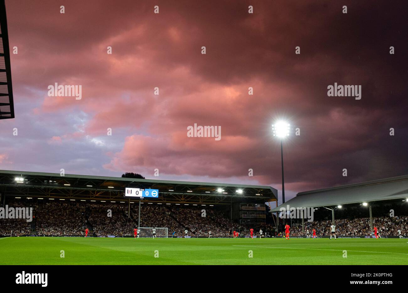 Spectacular sunset over Craven Cottage football stadium in West London UK where Fulham football club play , UK Stock Photo