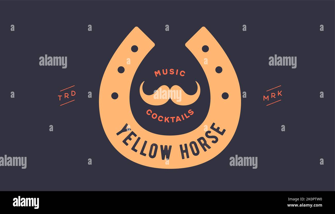 Logo lucky horseshoe. Text Yellow Horse, gold horseshoe, graphic and