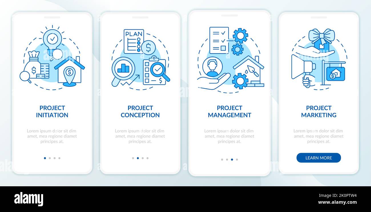 Developing real estate projects blue onboarding mobile app screen Stock Vector
