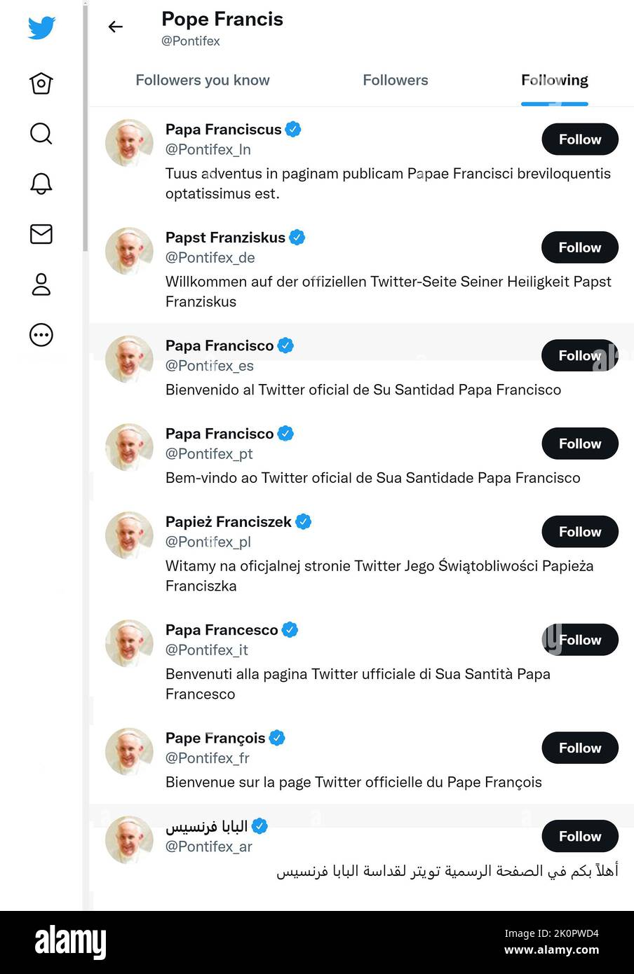 Twitter page (Sept 2022) showing the accounts followed by Pope Francis (only his other accounts) Stock Photo