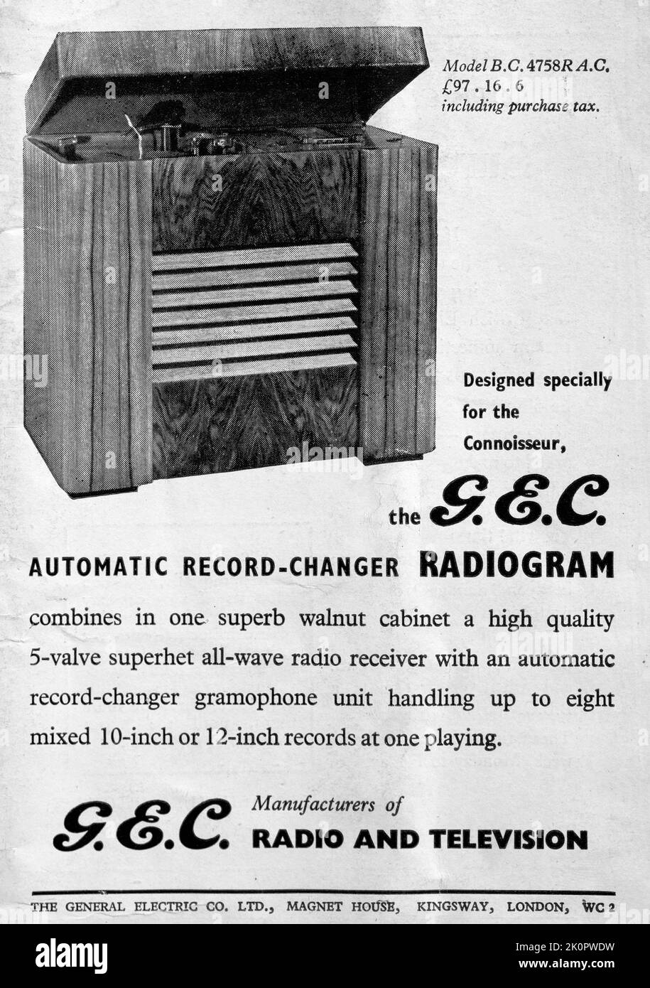 The General Electric Compnay GEC radio and television advert London Illustrated News, 1949 Stock Photo