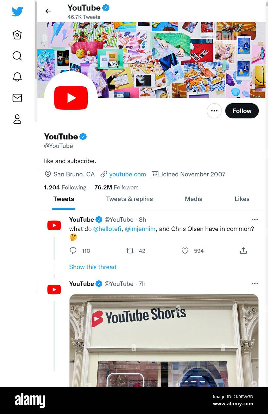 Twitter page (Sept 2022) of YouTube Stock Photo