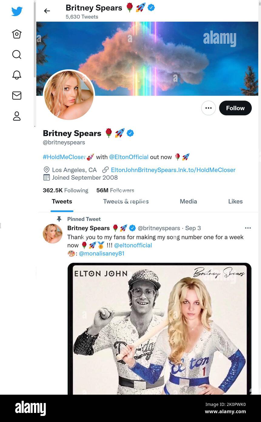 Twitter page (Sept 2022) of Britney Spears Stock Photo