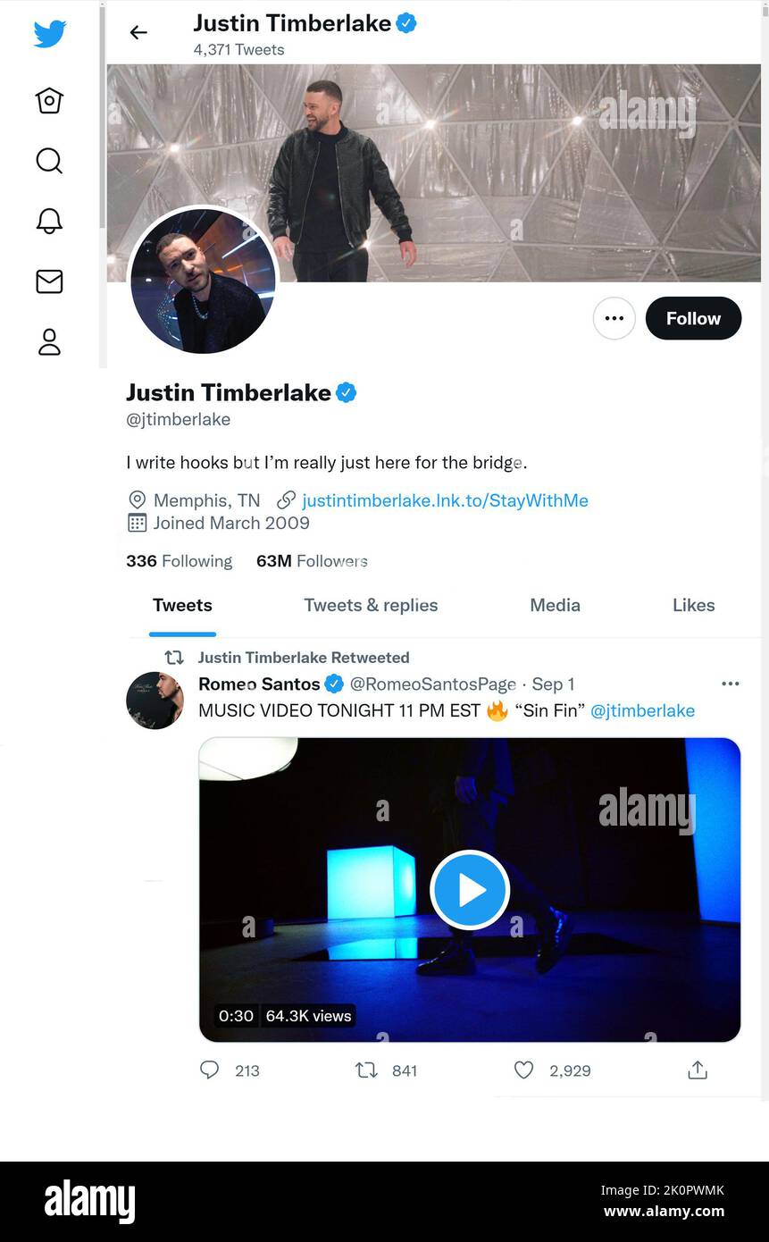 Twitter page (Sept 2022) of Justin Timberlake Stock Photo