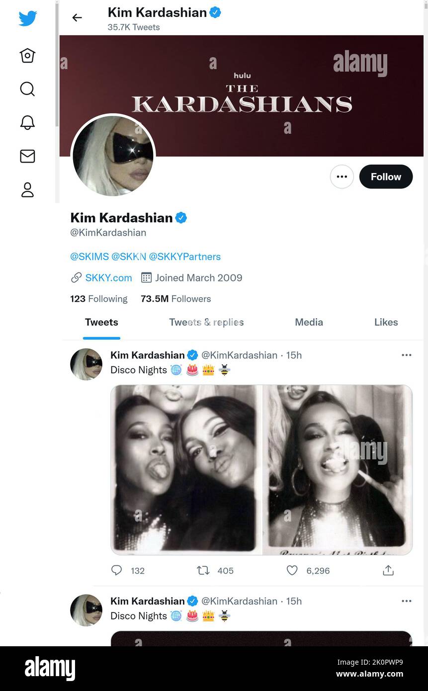 Twitter page (Sept 2022) of Kim Kardashian Stock Photo