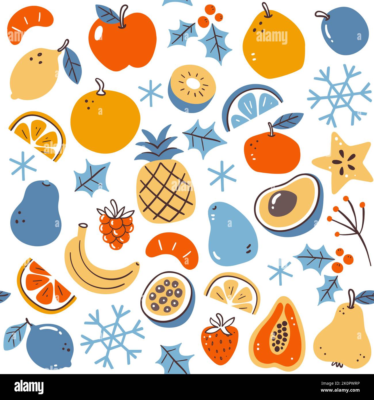 Colorful Winter Seasonal Fruits Seamless Pattern Isolated Fruits On