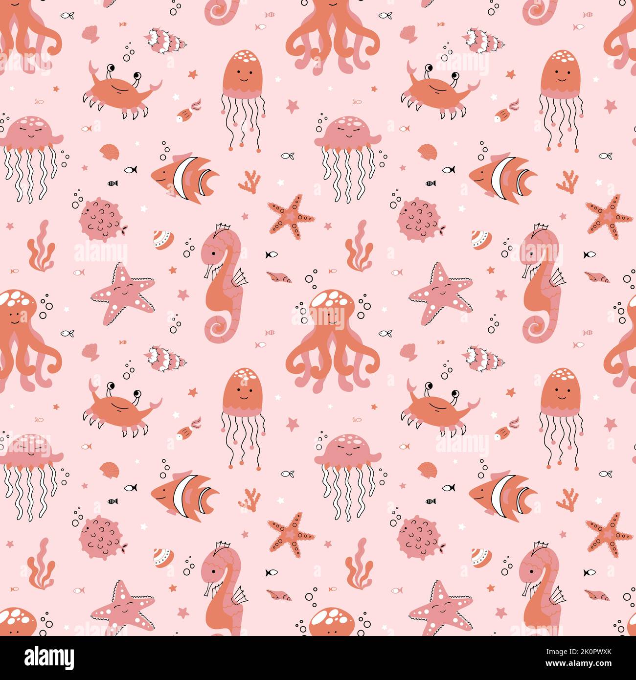 Cute seamless pattern nautical theme. Ocean and sea life background for
