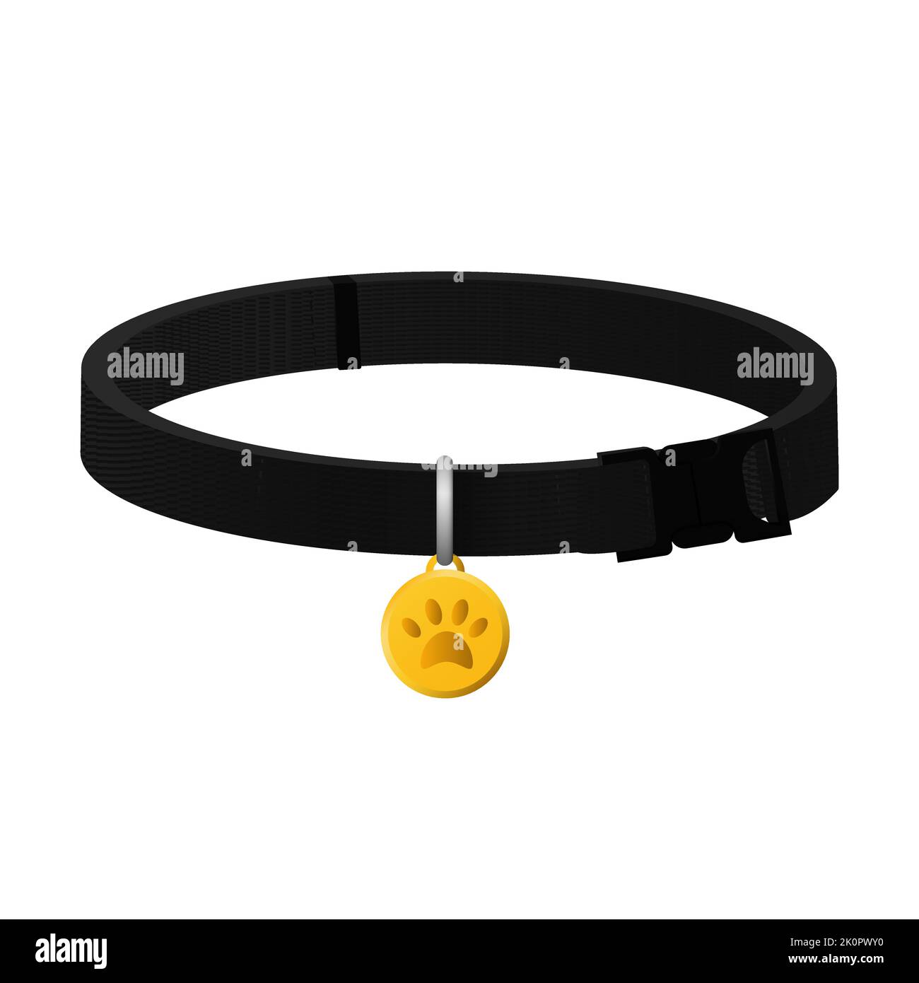 Black dog collar. Stylish domestic pet harness with gold medal paw Stock Vector