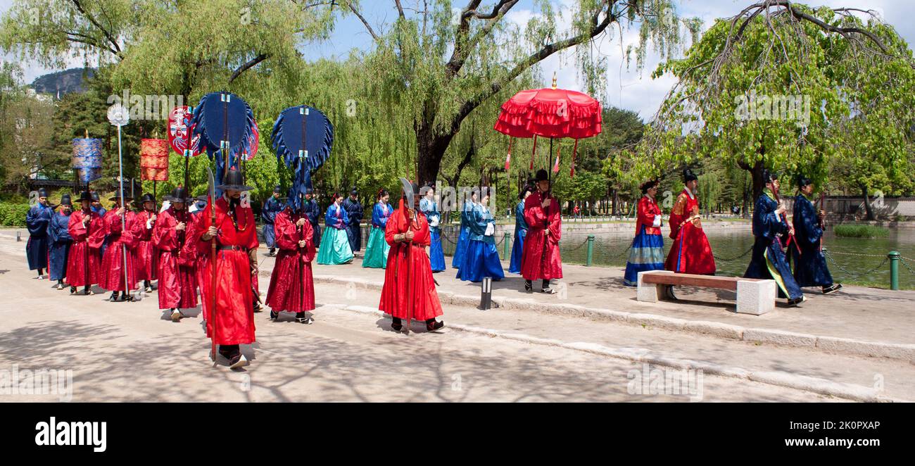 Show of the King and Queen Strolling in the Gyeongbokgung Palace, Seoul, South Korea Stock Photo