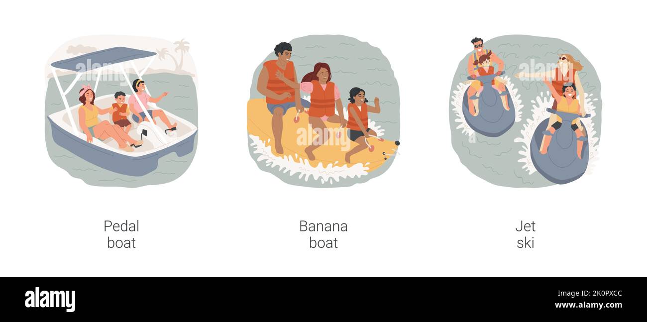 Seaside activities isolated cartoon vector illustration set. Pedal boat rental, sea cycling, family riding banana, having fun, sit on jet ski, holiday resort entertainment vector cartoon. Stock Vector