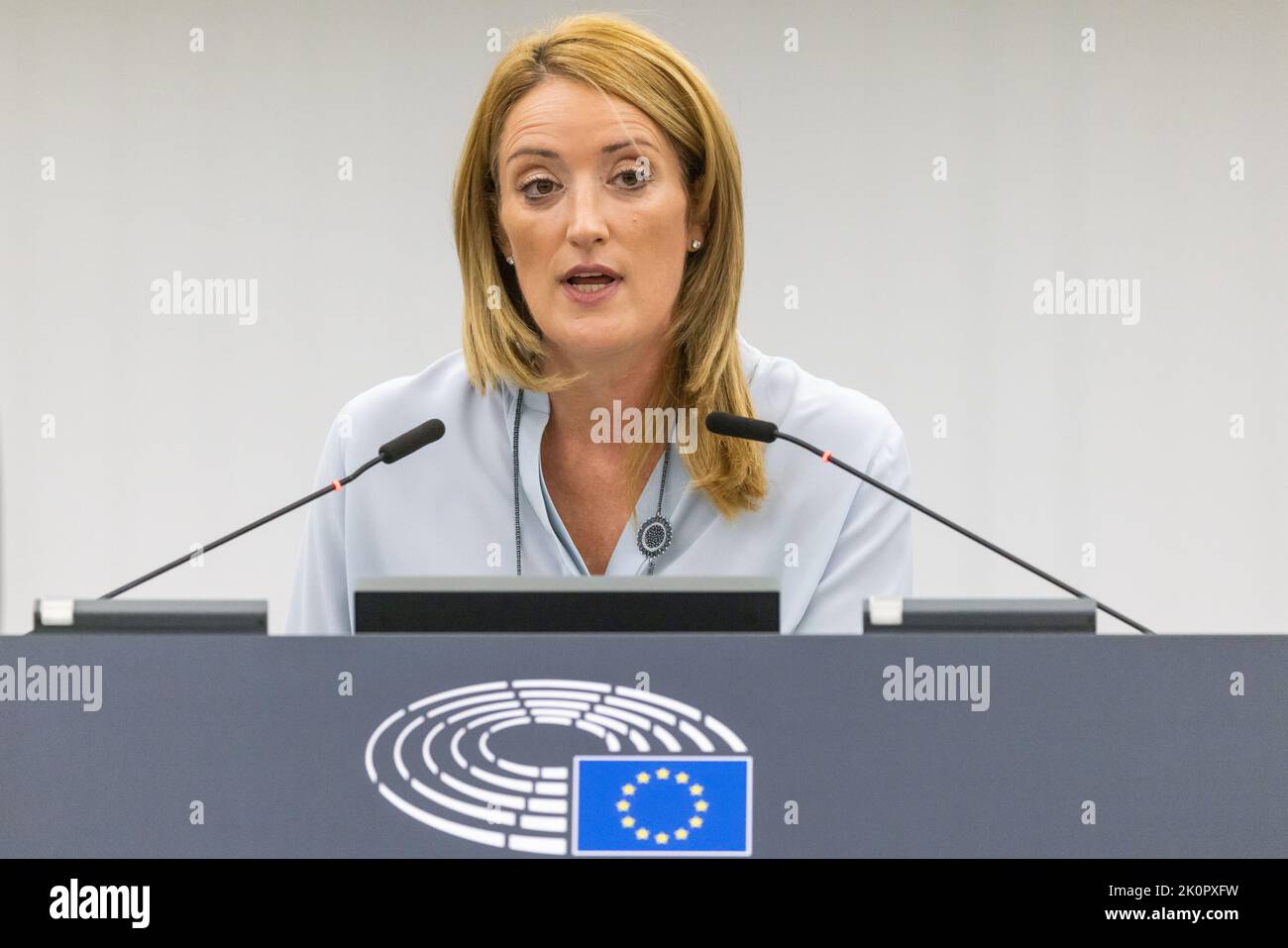 13 September 2022, France, Straßburg: Roberta Metsola (Partit Nazzjonalista), President of the European Parliament, sits in the European Parliament building and speaks. The MEPs are talking on Tuesday about uniform rules for minimum wages in the EU. In addition, several votes, for example, on the protection of forests in third countries are on the agenda. Photo: Philipp von Ditfurth/dpa Stock Photo