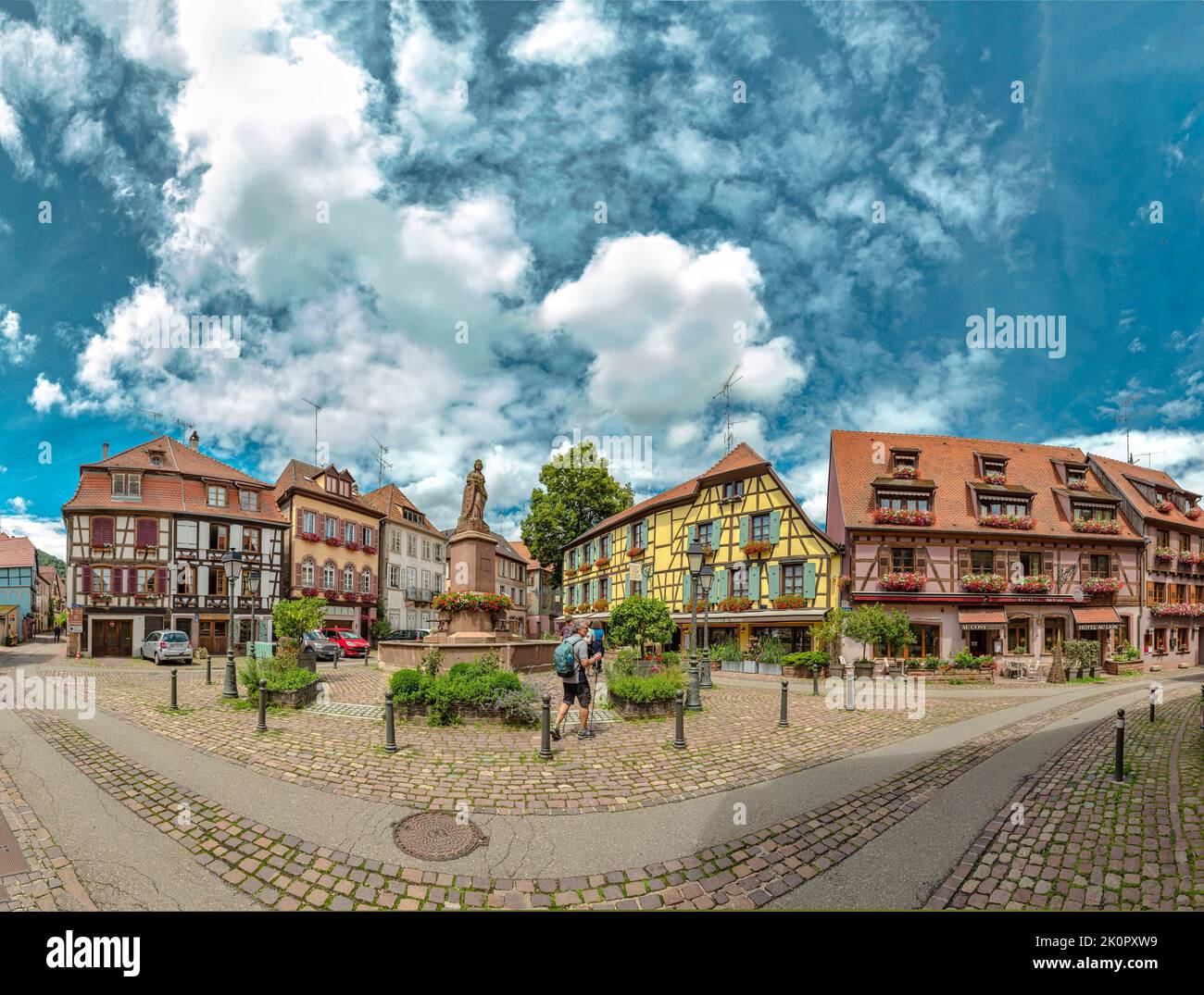Half-timbered houses at the Place de la Sinne, Ribeauville,  , France, city, village, summer, people, fountain,   *** Local Caption *** France Stock Photo