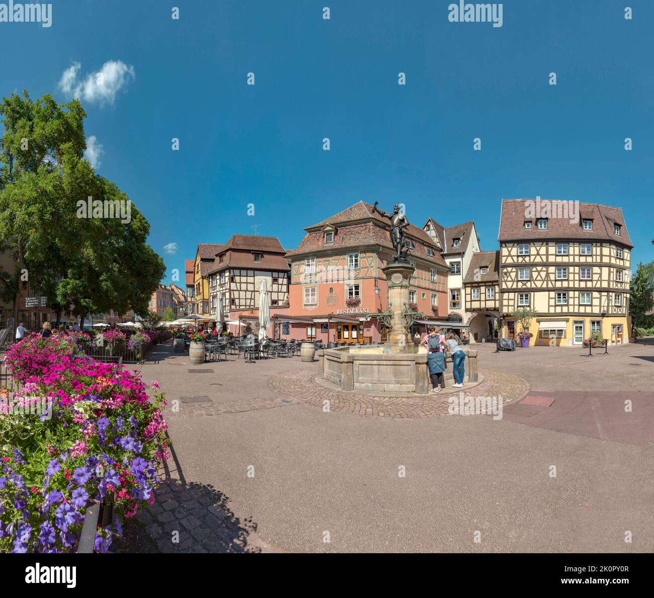 Fountain at the Place de l'Ancienne Douane, Colmar,  , France, city, village, flowers, summer, people,  *** Local Caption *** France Stock Photo