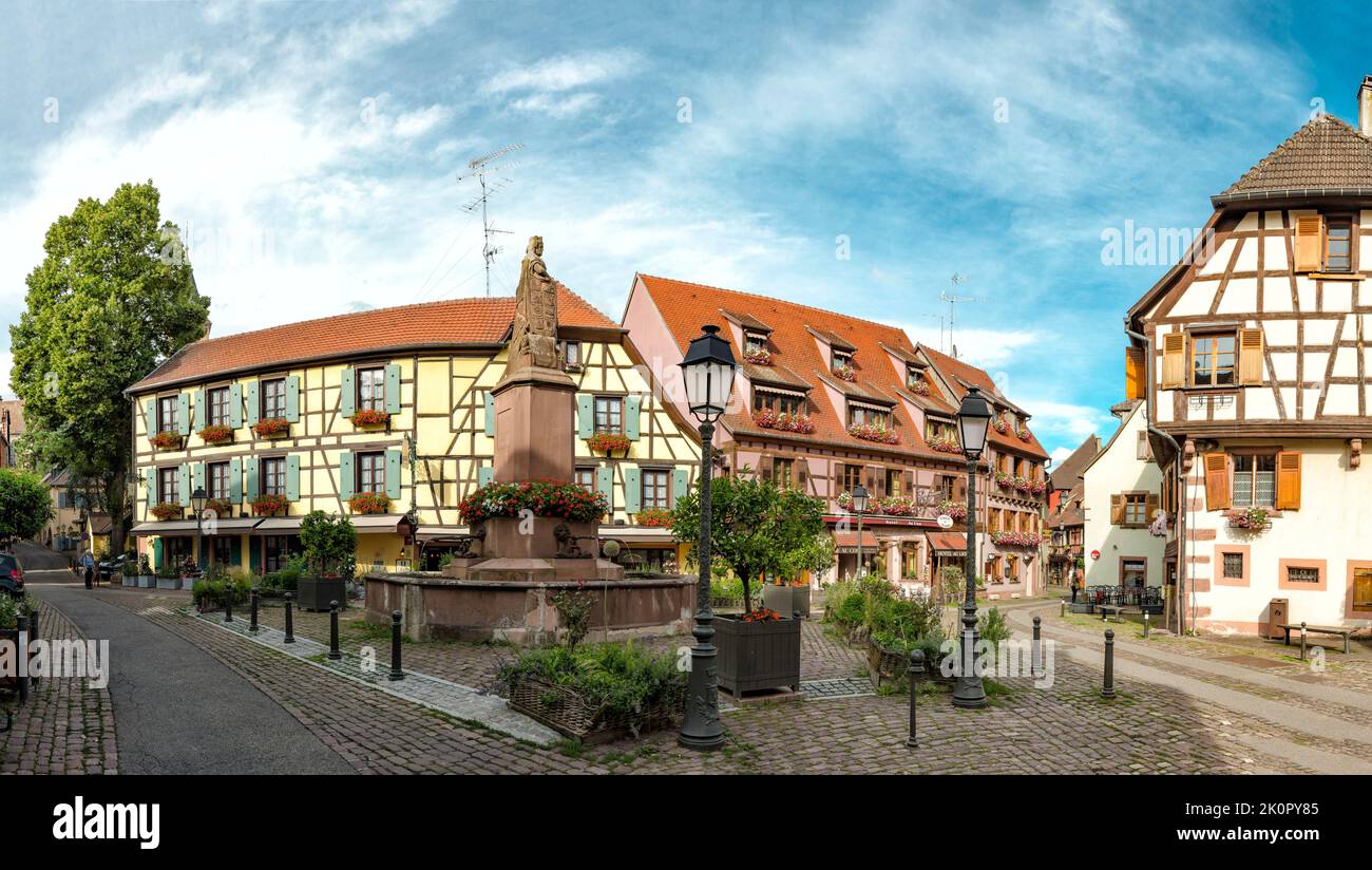 Half-timbered houses at the Place de la Sinne, Ribeauville,  , France, city, village, summer, fountain,   *** Local Caption *** France Stock Photo