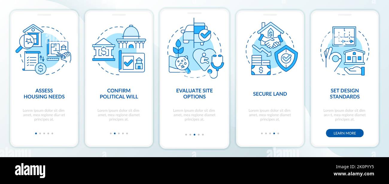 Housing development tips blue onboarding mobile app screen Stock Vector ...