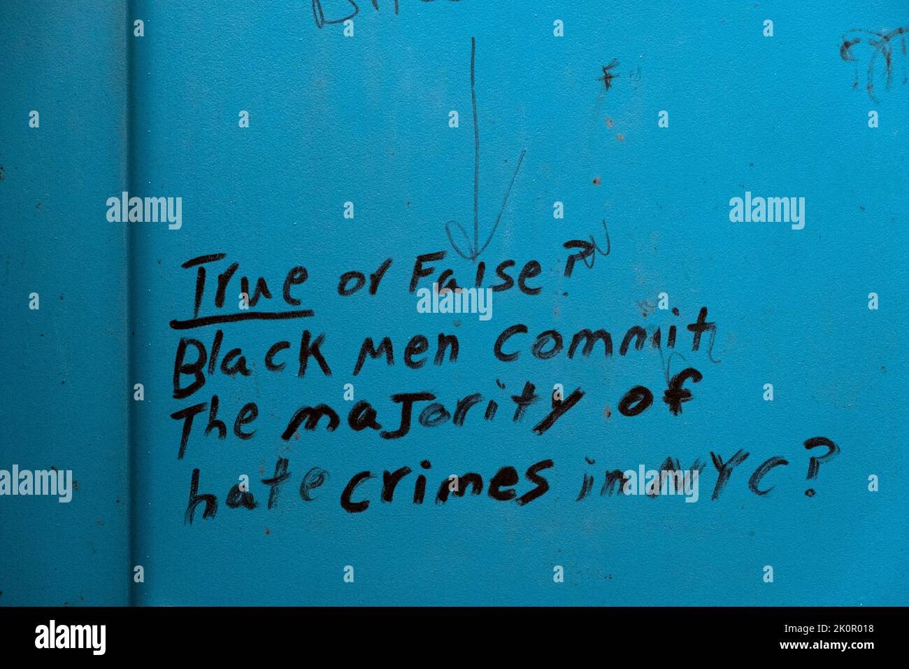 Racist graffiti on the wall of a porta san accusing Black men of committing the majority of hate crimes. Off the LIE in Suffolk County, LI, NY. Stock Photo