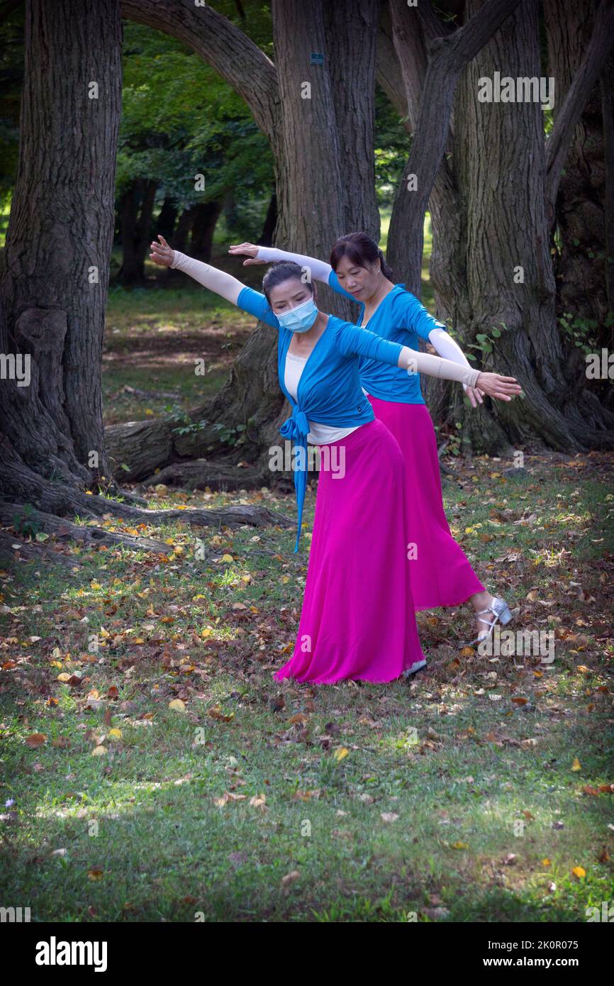 One on one instruction at a morning dance exercise class in a park in Queens, New York City. Stock Photo
