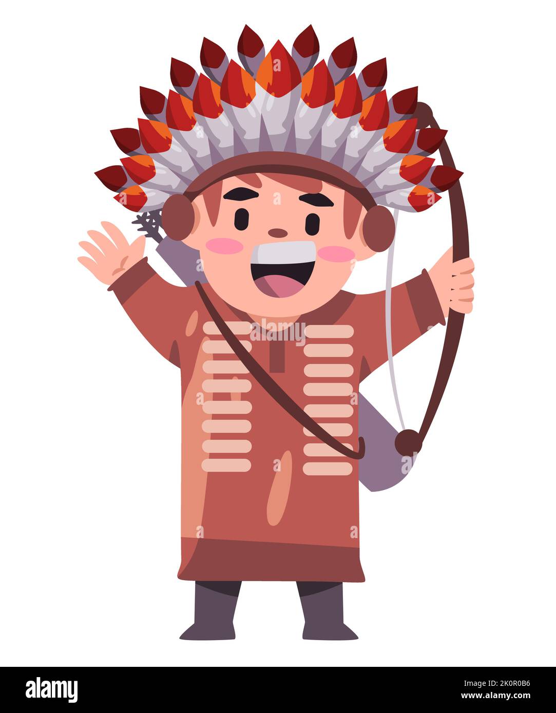 Kids native american apache tribe children wearing feather head dress ornament holding bow arrow vector Stock Vector