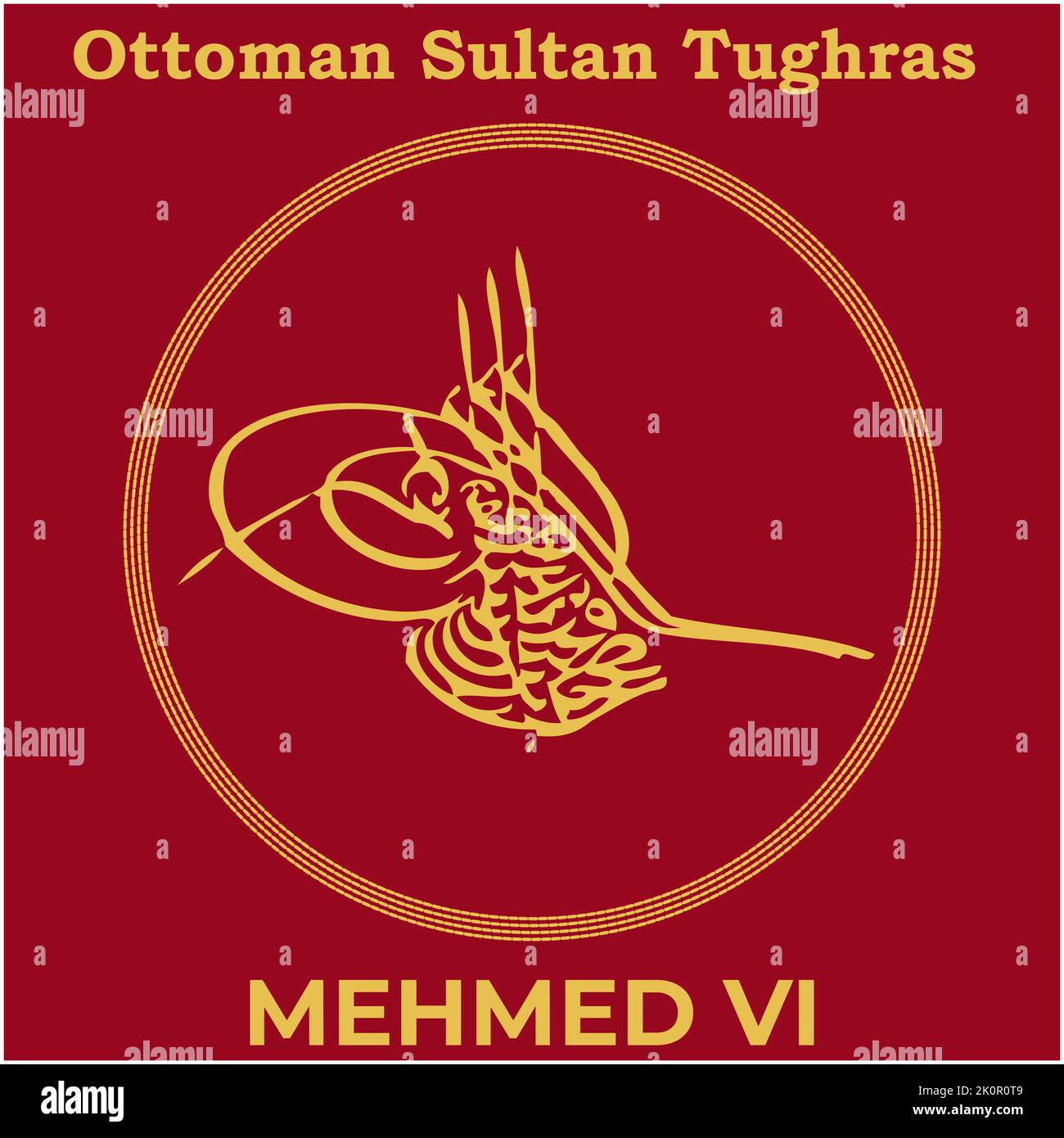 Vector image with Tughra signature of Ottoman Thirty-Sixth Sultan Mehmed VI, Tughra of Mehmed VI with traditional Turkish painting background. Stock Vector