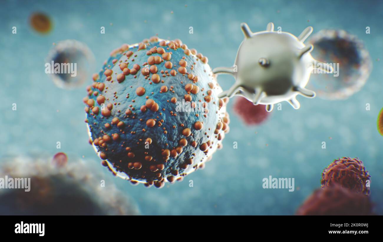 3D render visualization of the virus in the human body in the blood. Absorption of a bacterium of a virus as a process of treating a person from viral or respiratory or other infectious diseases. Stock Photo