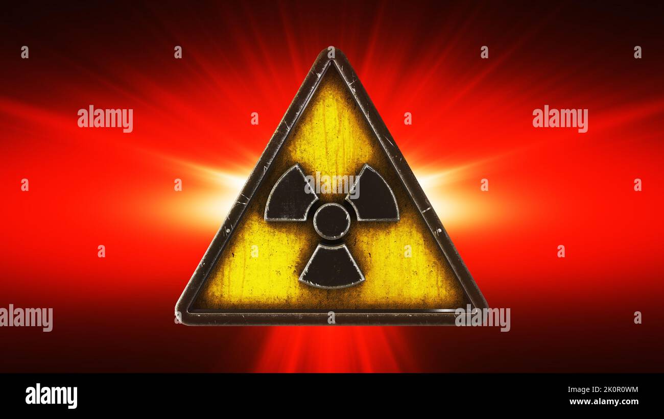 3D render animation of the radiation nuclear hazard symbol in a triangle on a red shiny background depicting the danger of nuclear contamination. Stock Photo