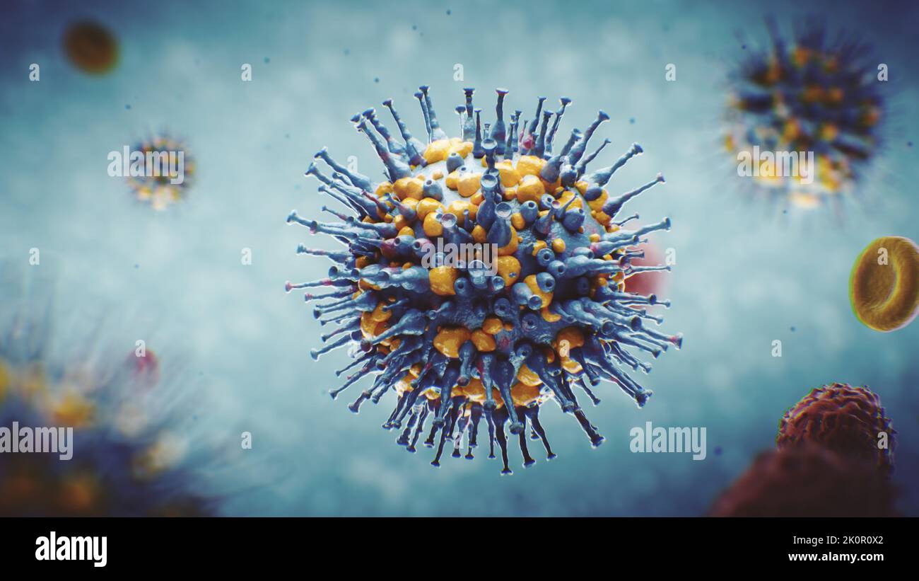 3D render visualization of a virus in the human body. Animation can be used to present monkeypox or covid 19 or various other infectious diseases. Stock Photo