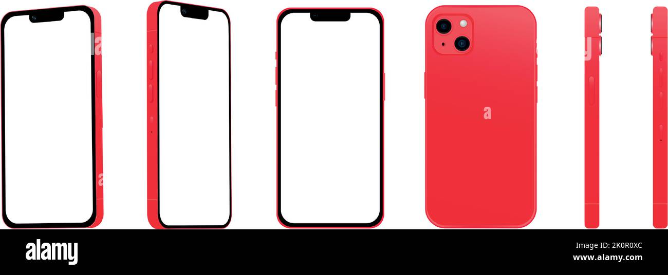 Set of 6 pcs different angles, Red smartphone 14 models, new IT industry, mockup for web design on a white background - Vector illustration Stock Vector