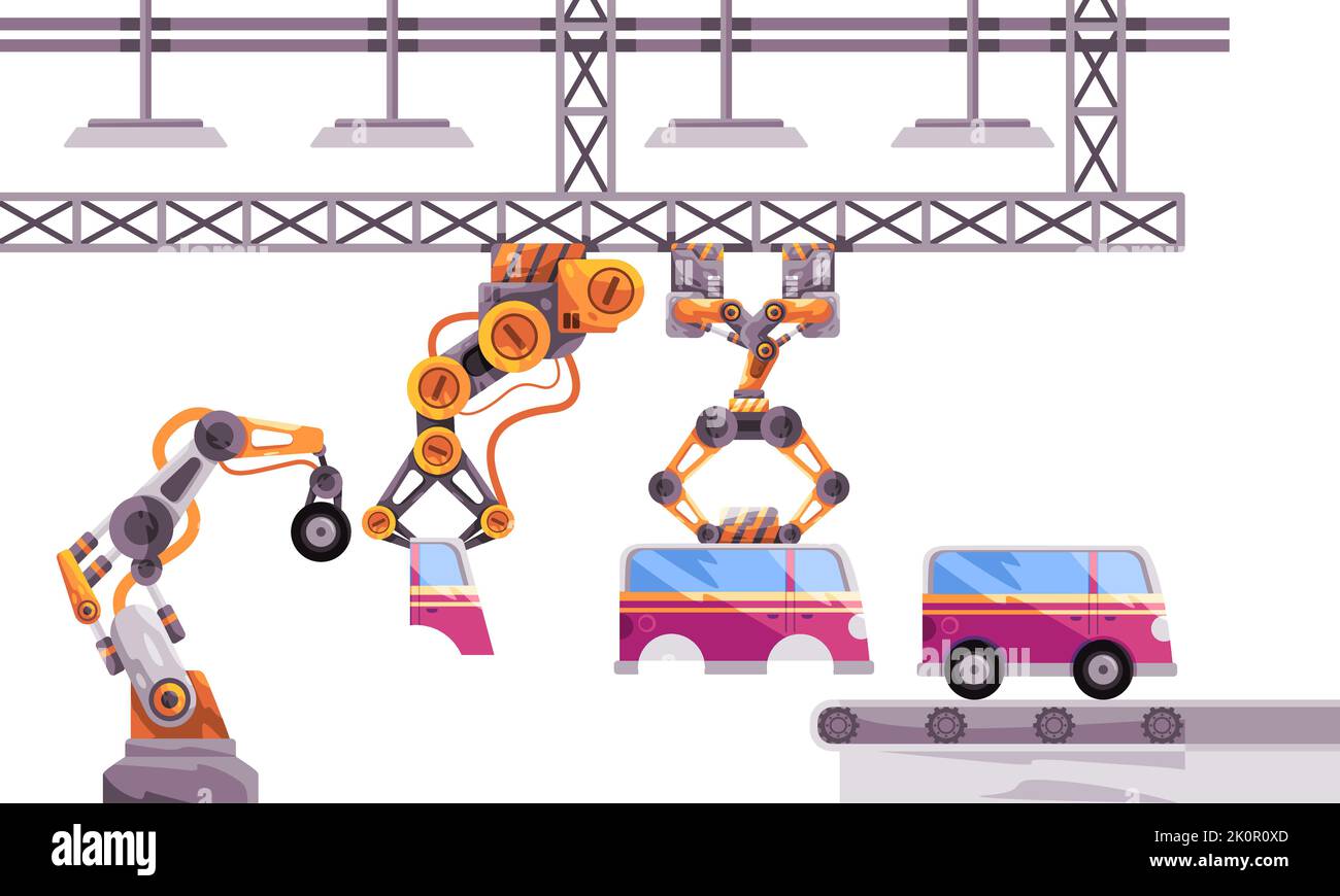 Car assembly line robot assemble vehicle in automated manufacturing