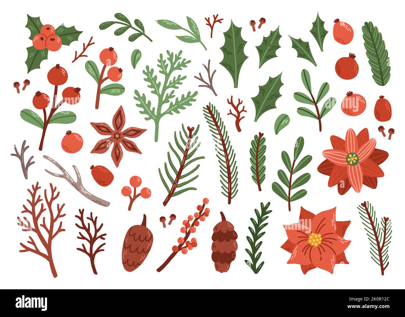 Christmas berry leaf and branch set flat vector Stock Vector