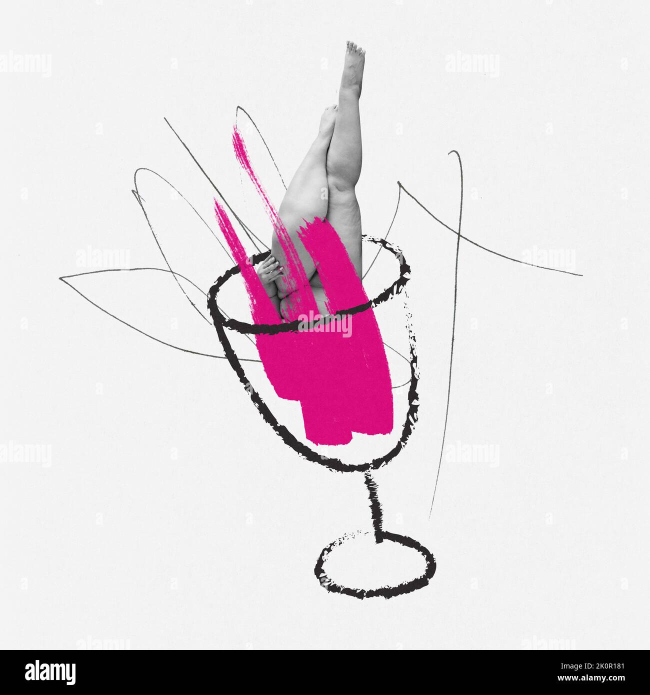 Conceptual design. Overweight woman diving into wine glass. Unhealthy
