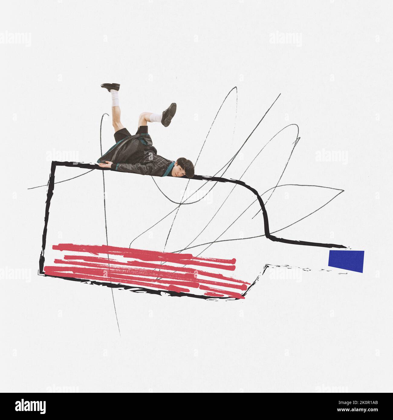 Conceptual design. Young man, falling down, lying on wine bottle. Hangover. Feeling drunk Stock