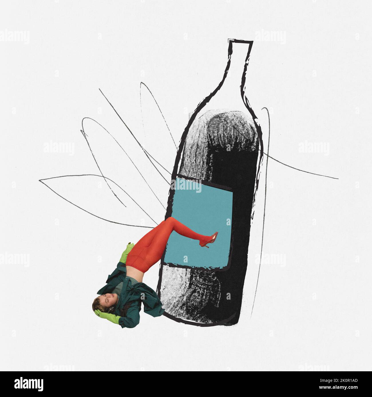 Conceptual design. Young woman, falling down near on wine bottle. Hangover. Feeling drunk. Party