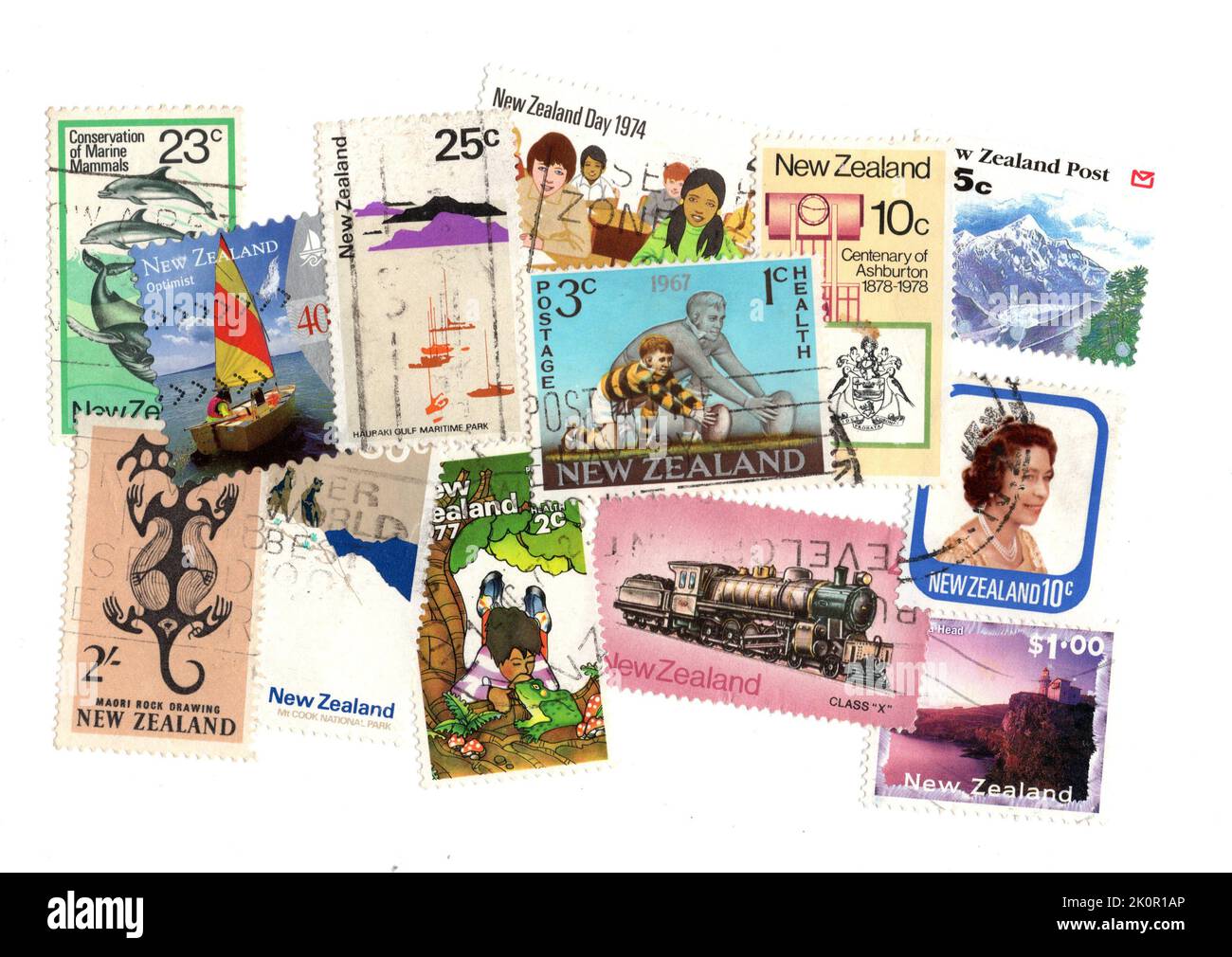 A montage of postage stamps from New Zealand on a white background. Stock Photo