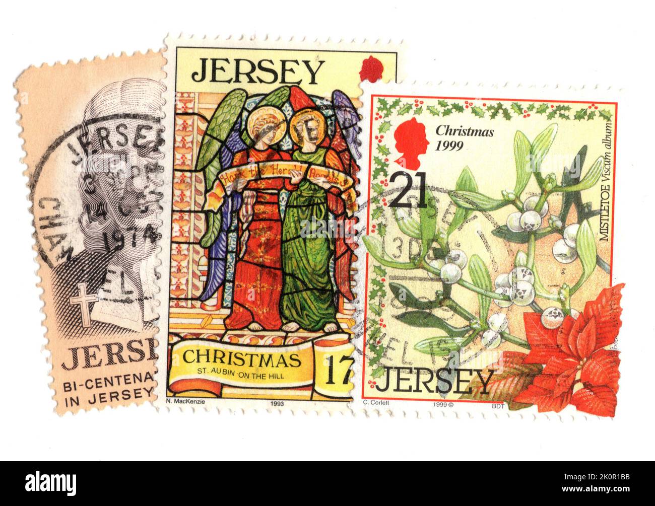 A montage of postage stamps from Jersey on a white background Stock