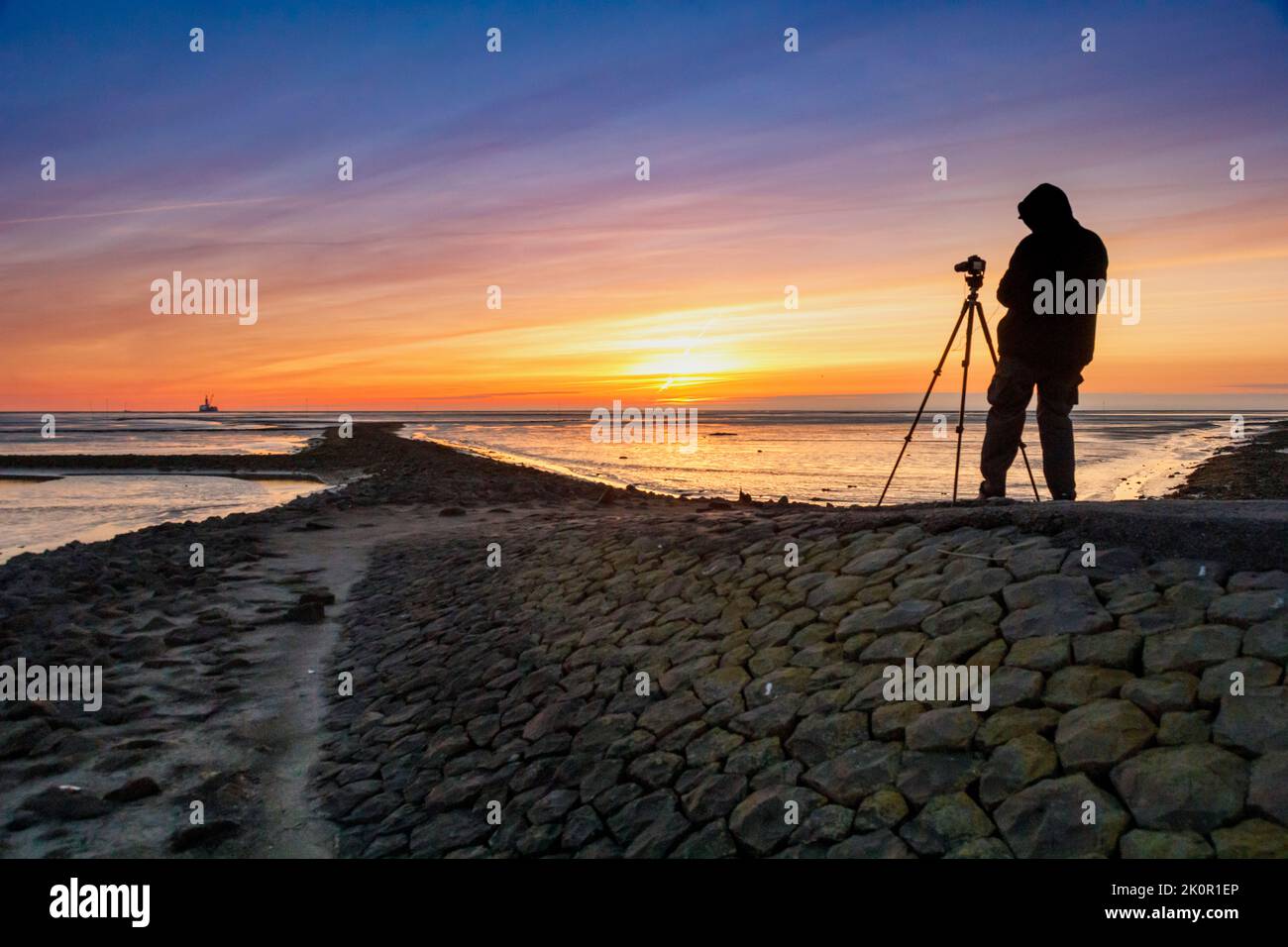 Tourist with camera during sunset on the Tischendamm, North Sea at low tide, on the left the Mittelplate oil drilling platform Stock Photo