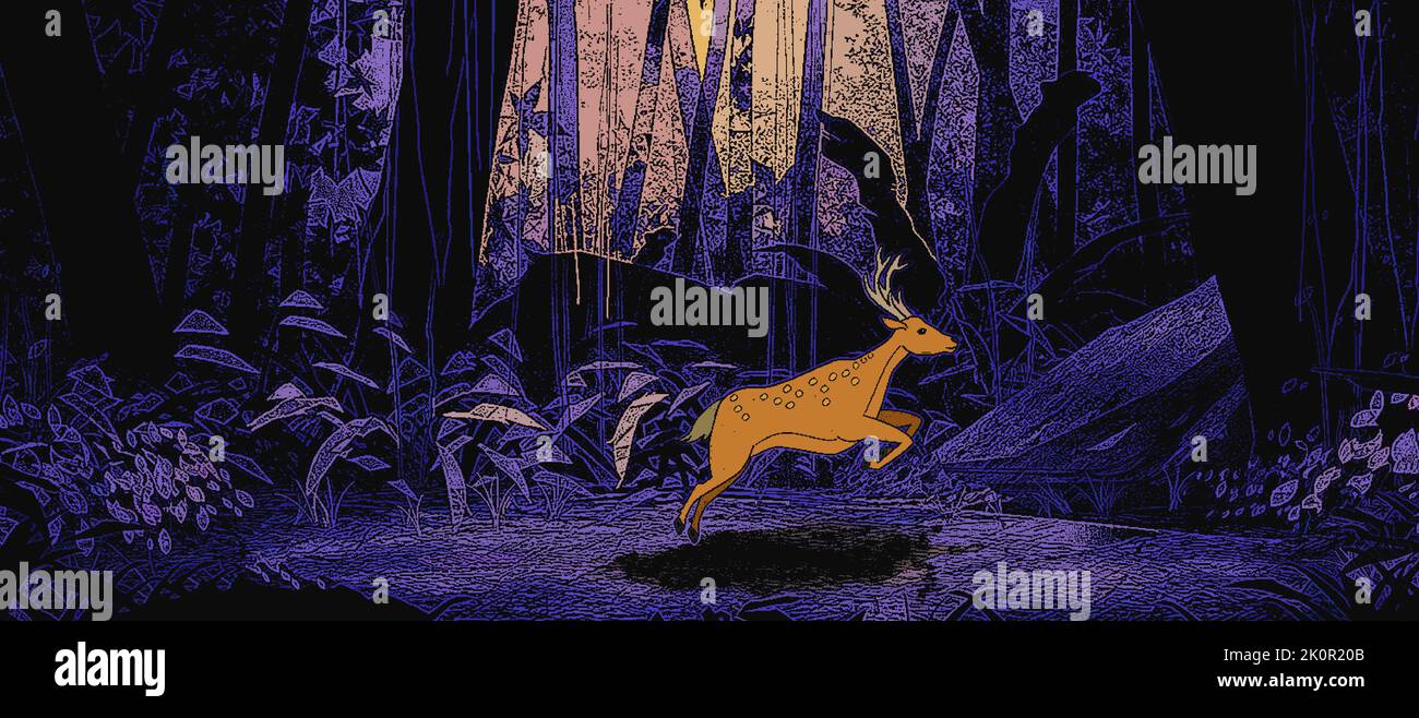 Running deer in the night forest, 8-bit pixel art Stock Photo