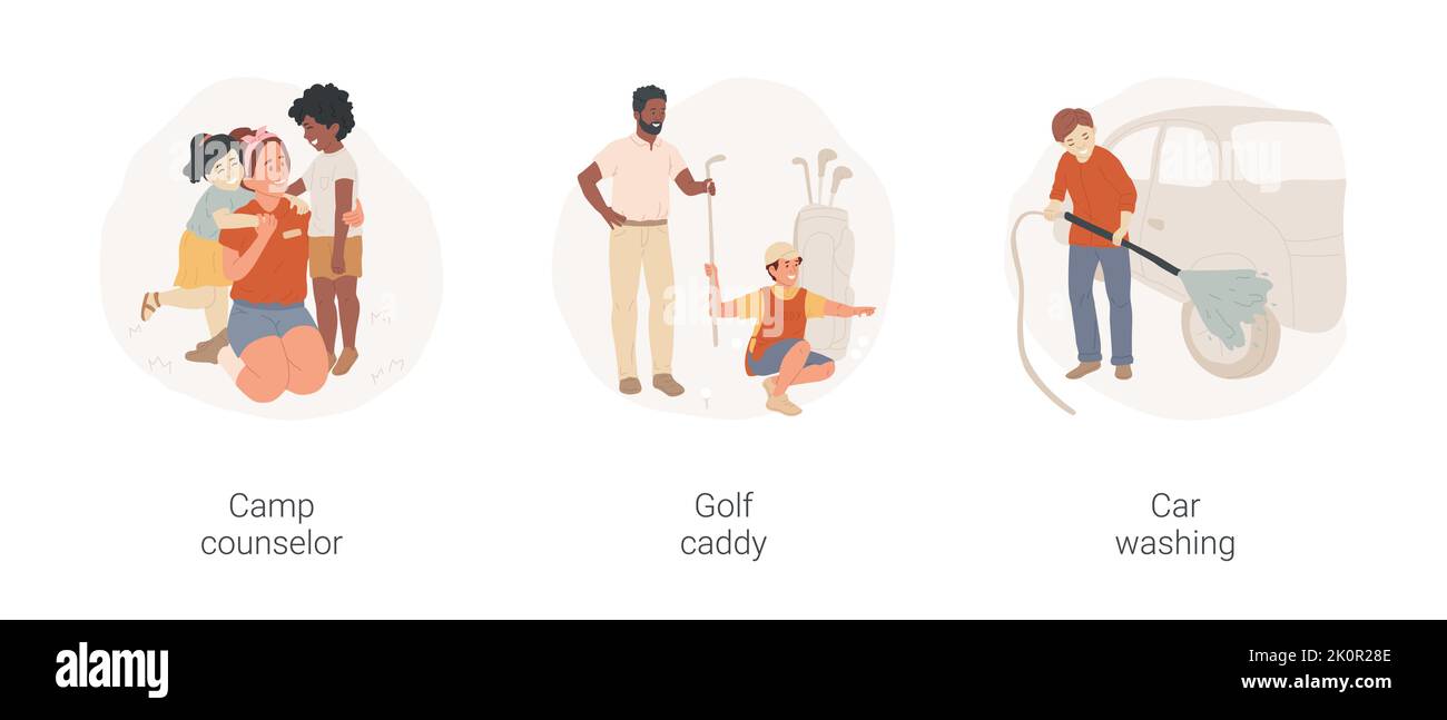 Summer job for teenagers isolated cartoon vector illustration set. Camp