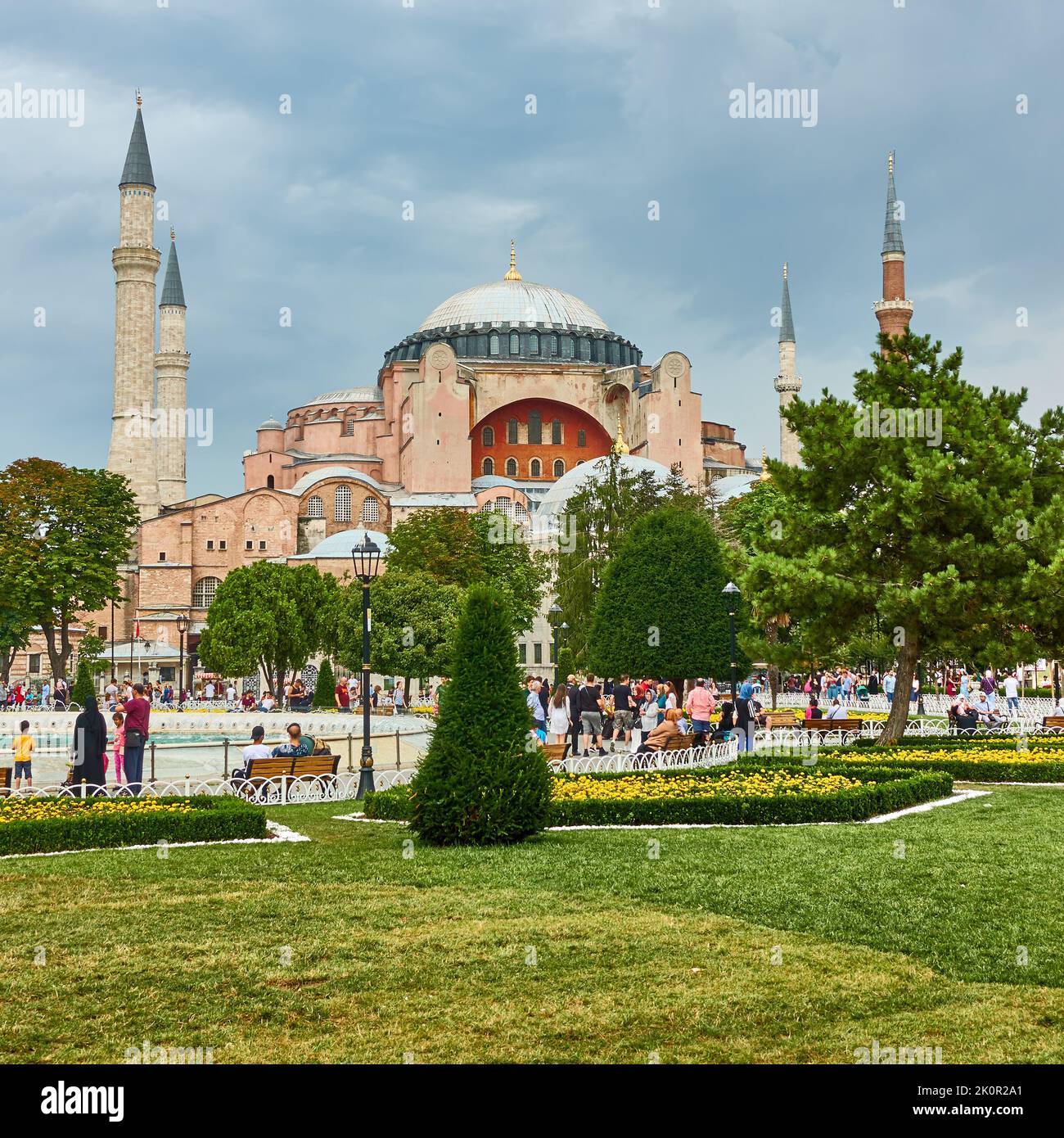 Istanbul, Turkey - July 18, 2018: View of Istanbul with The Hagia Sophia mosque and city park in Sultanahmet square Stock Photo