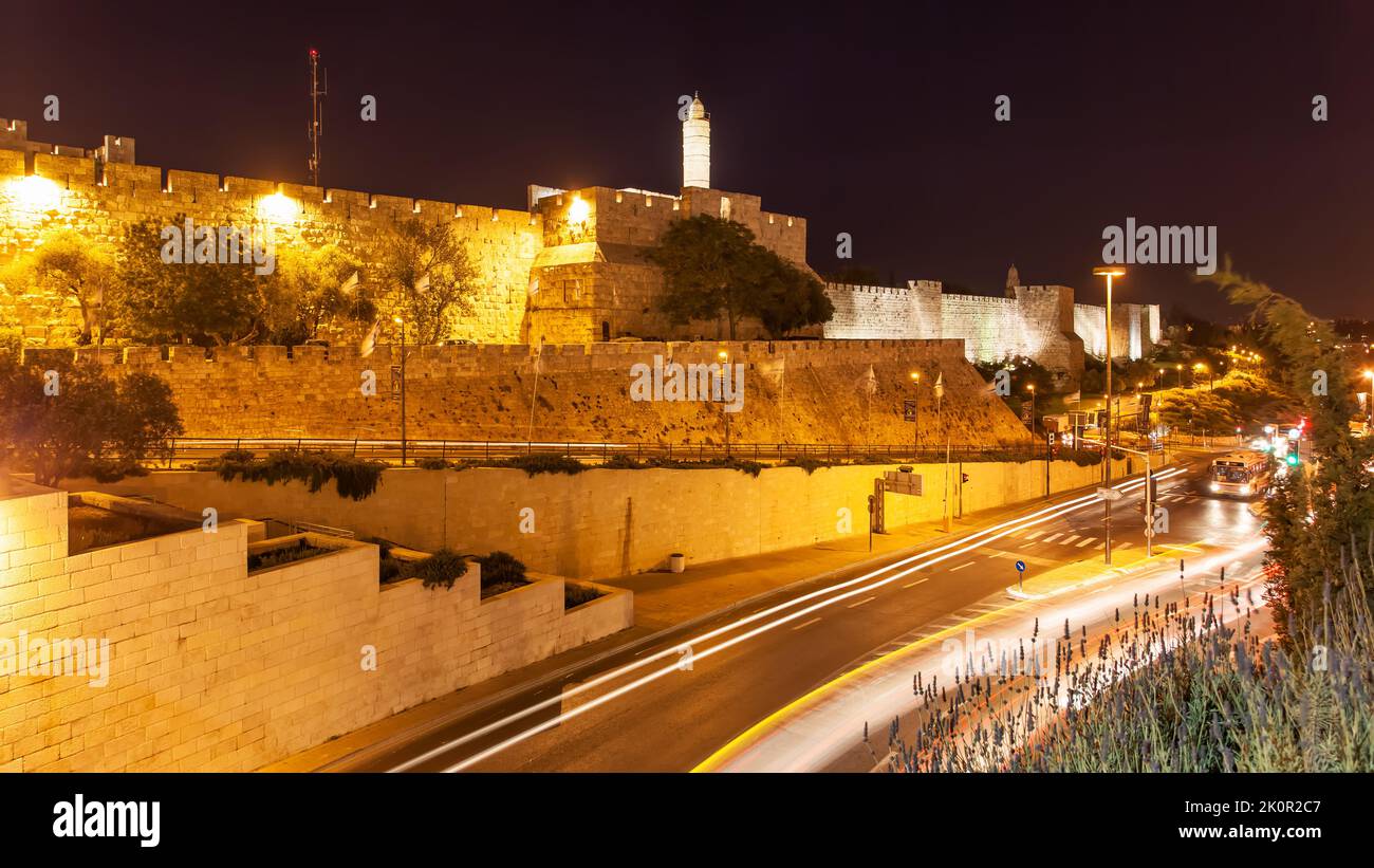 Jerusalem, Israel - May 20, 2009:  Walls of The Old Town of Jerusalem at night Stock Photo