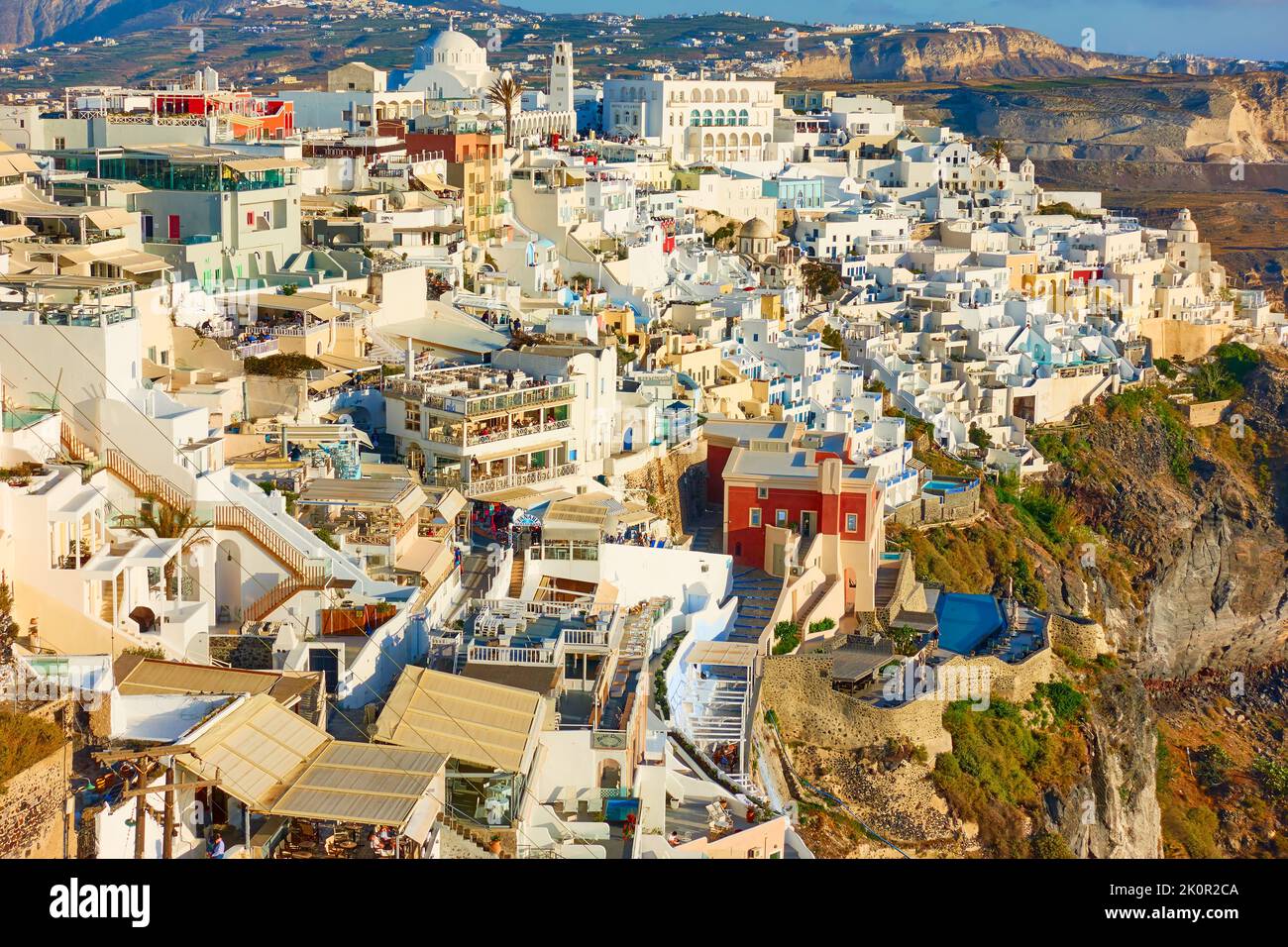 Fira, Santorini, Greece - April 23, 2018: View of Fira in Santorini in the early evening Stock Photo