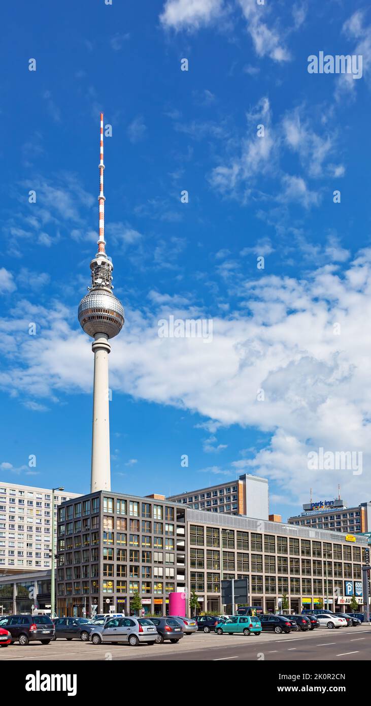 Berlin, Germany - August 22, 2012: Street in Berlin with TV Tower (Fernsehturm) Stock Photo