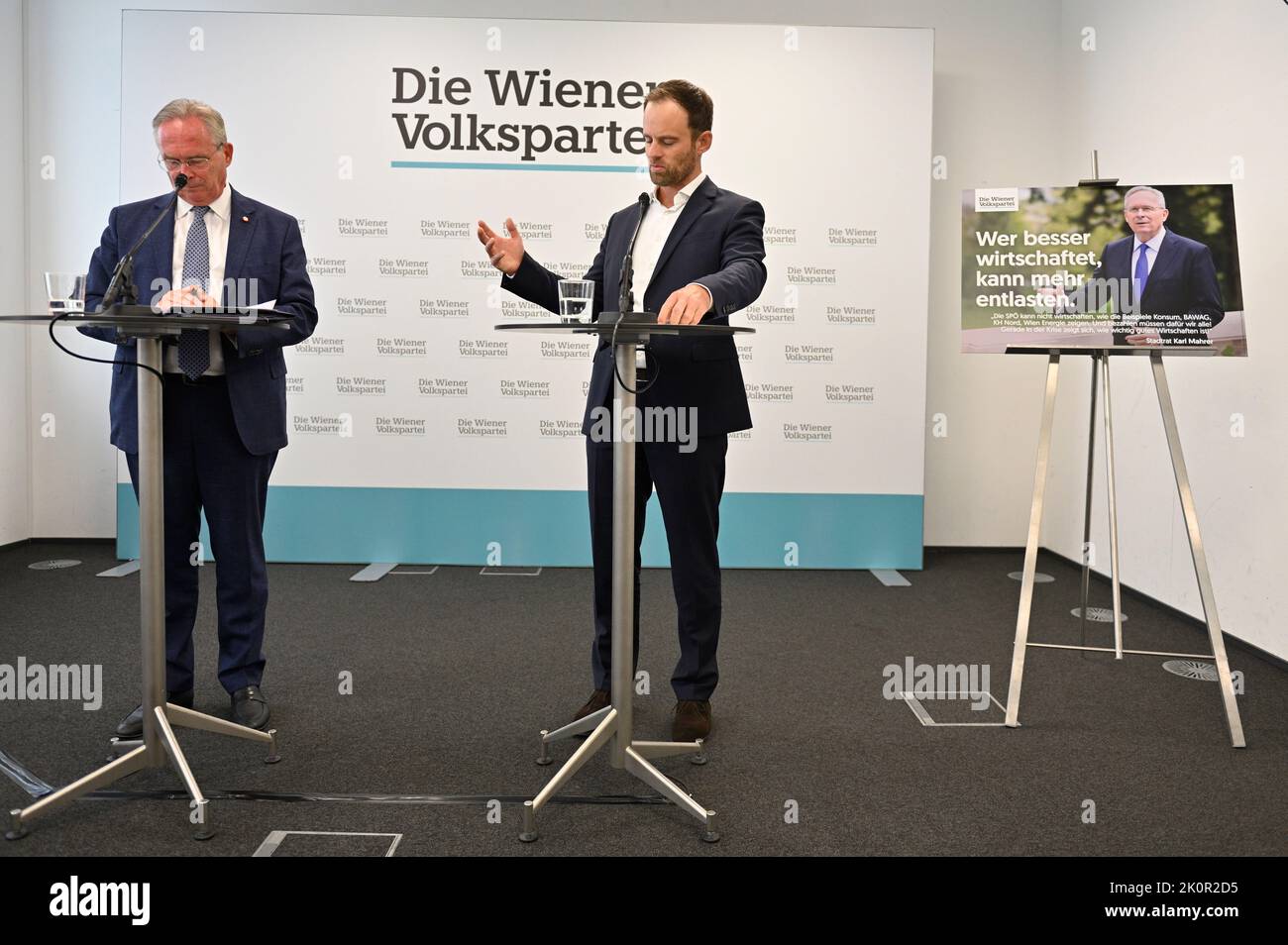 Vienna, Austria. 13th Sep, 2022. Press conference of the Vienna People's Party with club chairman Markus Wölbitsch (R) and Vienna People's Party with state party chairman Karl Mahrer (L). Topic: News about the SPÖ financial scandal and news from the Vienna People's Party. Credit: Franz Perc/Alamy Live News Stock Photo