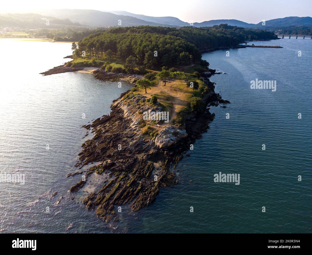 Impressive aerial drone image of the small fort of Neixon in Boiro - Galicia Stock Photo