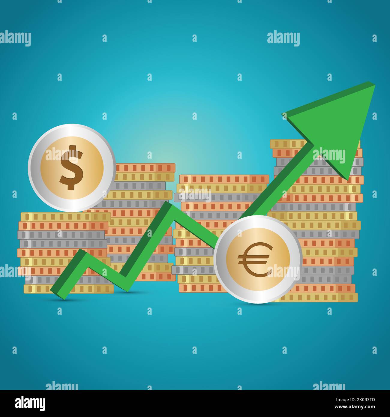 Euro and dollar coins with a green up arrow, economic growth concept Stock Vector