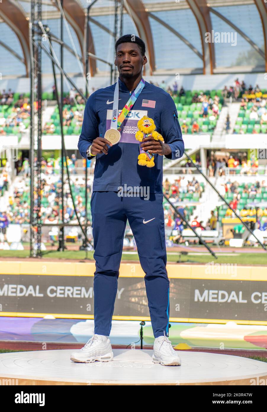 Fred Kerley of the USA receives his gold medal for competing in the men’s 100m final at the