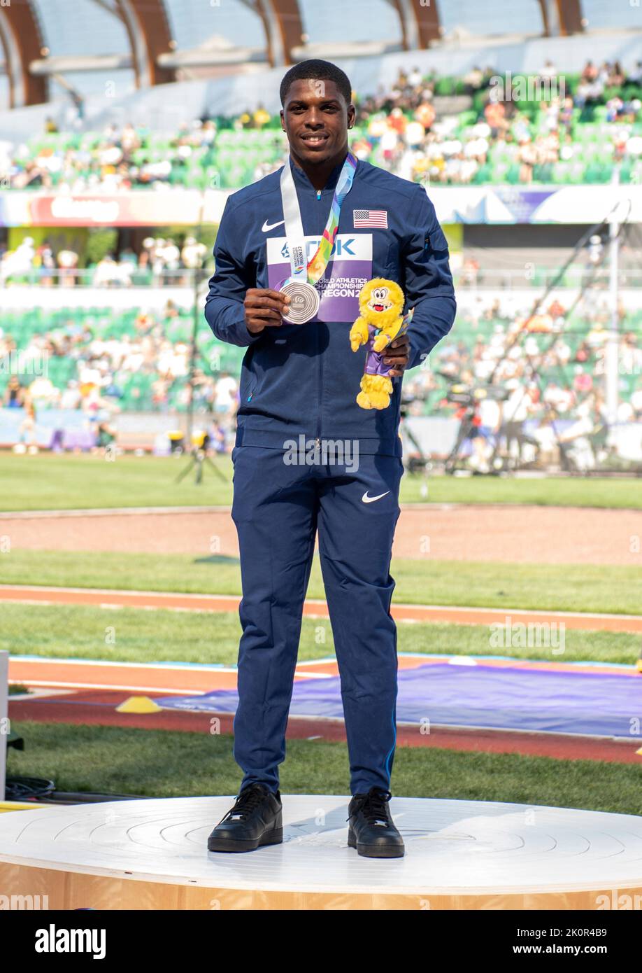Marvin Bracy of the USA receives his silver medal for competing in the men’s 100m final at the World Athletics Championships, Hayward Field, Eugene, O Stock Photo