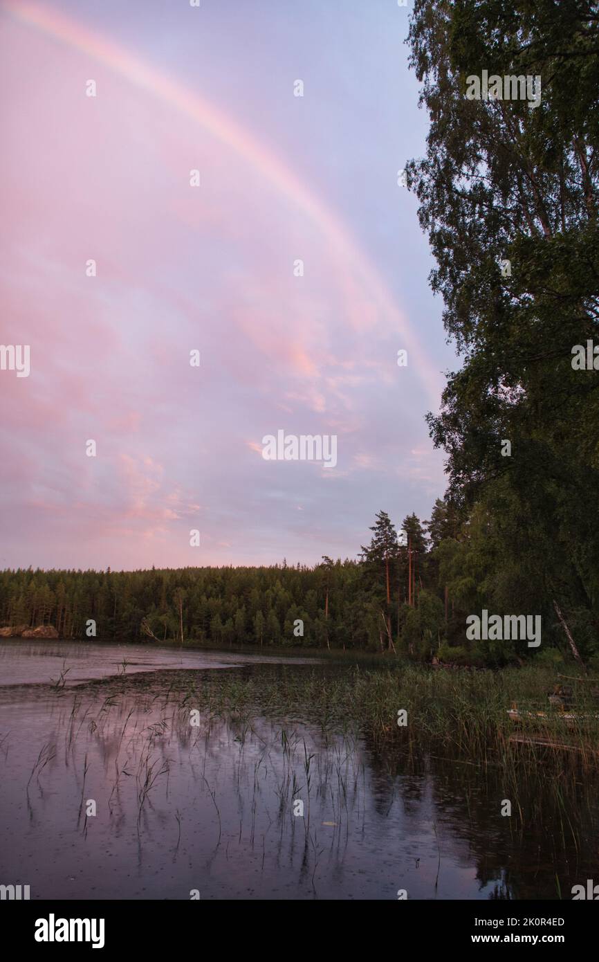 Rainbow reflected in the lake when it rains. in the background forest, on the lake reeds and water lilies. Nature photos from Sweden Stock Photo